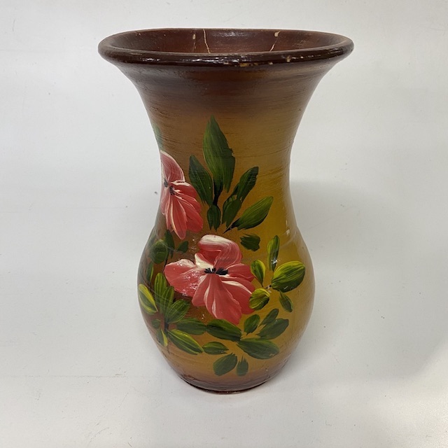 VASE, Hand Painted Floral on Brown Glaze